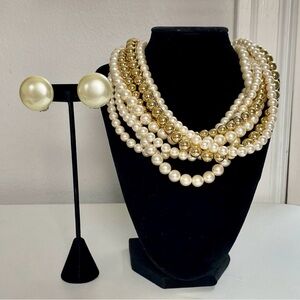 Vintage Napier Faux Pearl Multi-Strand Necklace + Unmarked Faux Pearl Clip-Ons